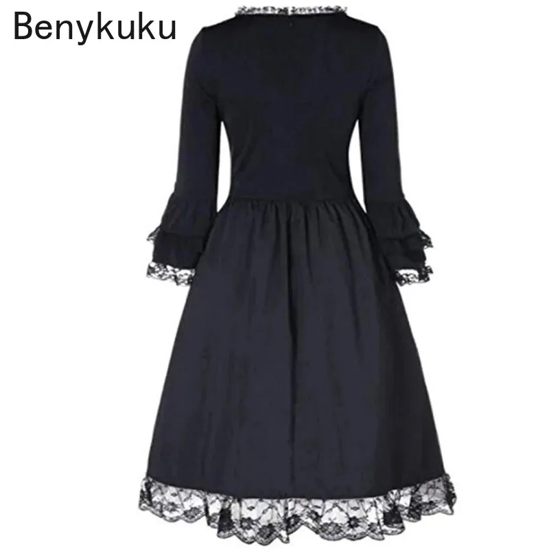 Vintage Victorian Lace Up High Low Black Dress Plus Size 5XL Gothic Punk Women Clothes Ruffles Long Sleeve Party Midi Dresses