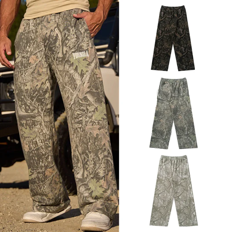 Alt Style Camo All Over Print Floor Sweeping Flare Jeans Retro Washed Loose Wide Leg Straight Trousers Unisex Street Casual Deni