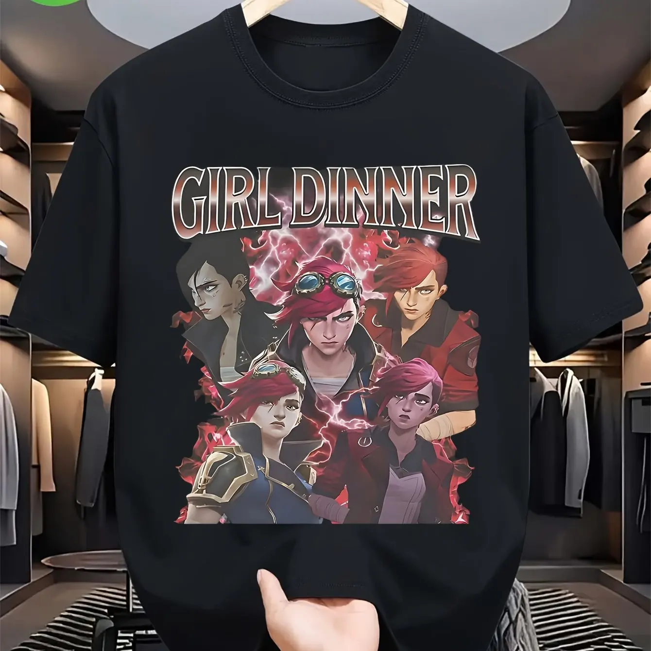 T-shirt unisexe à manches courtes édition économique Anime Vi Arcane, motif graphique de la protagoniste féminine avec slogan 'Dinner' blanc
