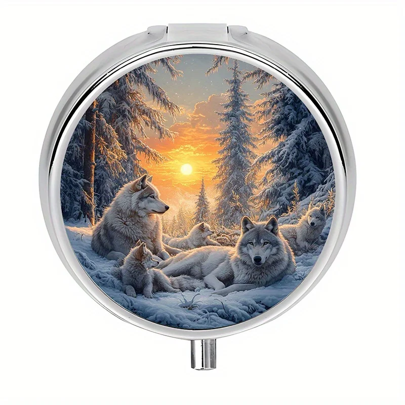 1Pc, Travel Portable Pill Box with 3 Pill Organizers Wolves Portable Pill Box for Pocket or Purse Pocket-Sized Medication Holder Ideal for Travel - Fits in Wallet or Pocket, Colorful Medicine Jewelry Storage