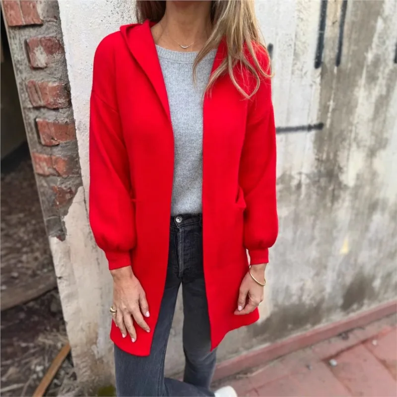 

Casual woolen hooded pocket long sleeved solid color full open front jacket autumn winter women's fashionable and elegant coat