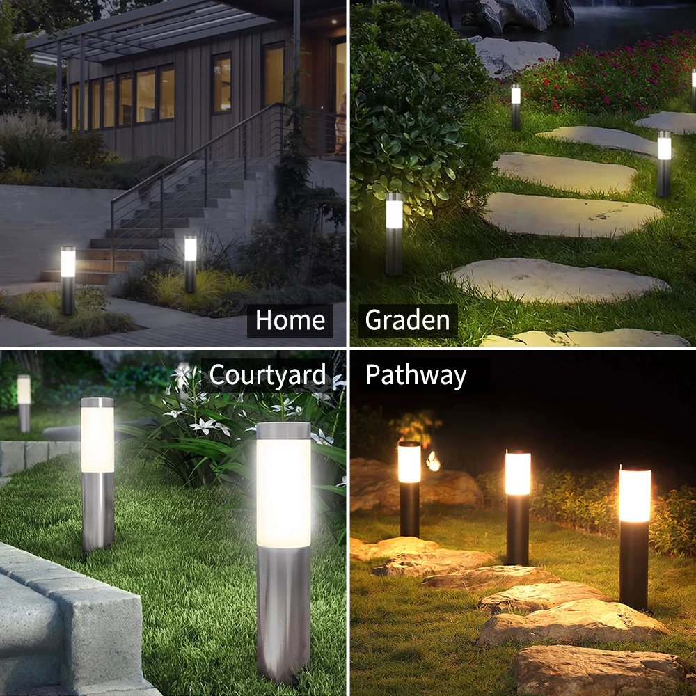 2 Pack Solar Led Light Modern Cylindrical Stainless Steel Waterproof Solar Outdoor Lawn Patio Led Light Garden Landscape Light