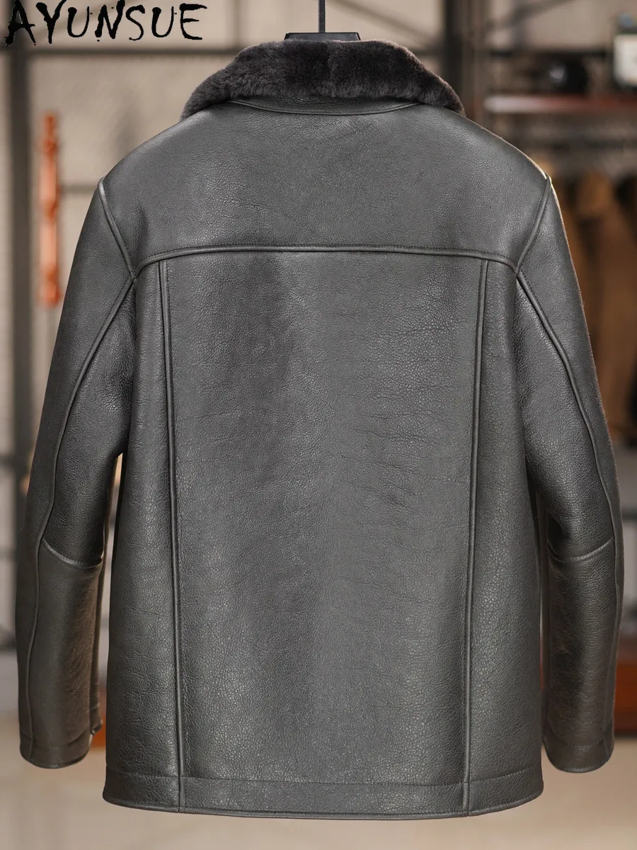 AYUNSUE Natural Fur Coat Men Vintage Thickened Original Oil Wax Washed Sheepskin Shearling Jacket Winter Leather Warm Outerwear