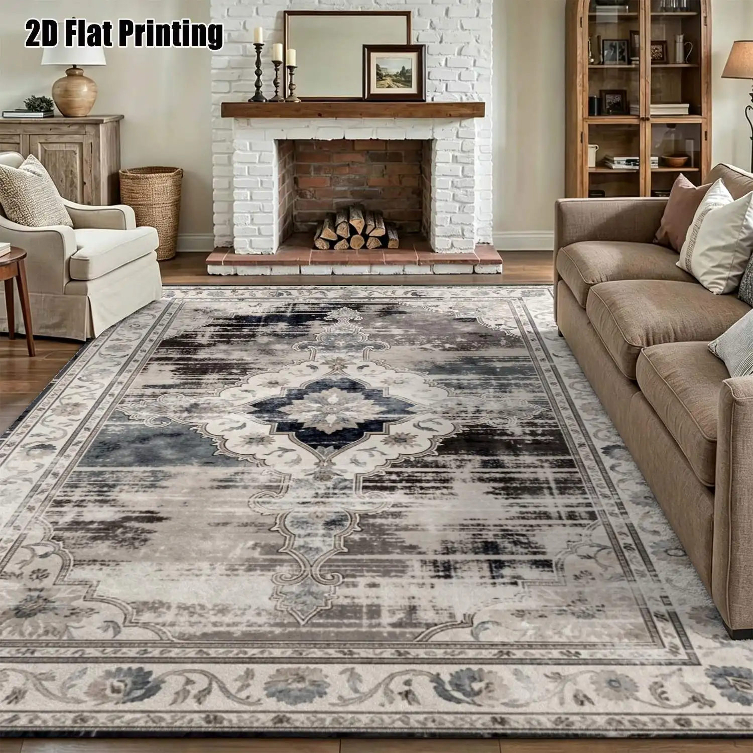 1Pc 2D Printed Carpet: Blue-Grey Retro Floral, Geometric Stripe, Machine Washable, Multi-Size, Ideal for Home Decor Such as Living Room, Bedroom, Dining Room, Entryway & Study