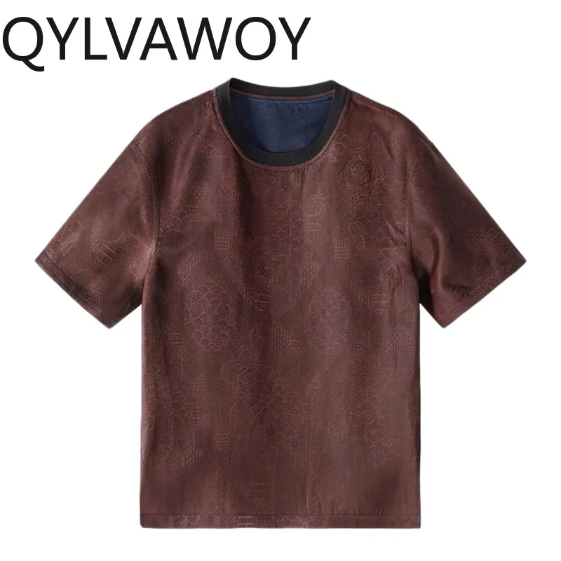 QYLVAWOY Double-sided T Shirt  100% Mulberry Silk Men's Shirts Thin Summer Tops Short Sleeve Shirt Round Neck T Shirt Homme 반팔티