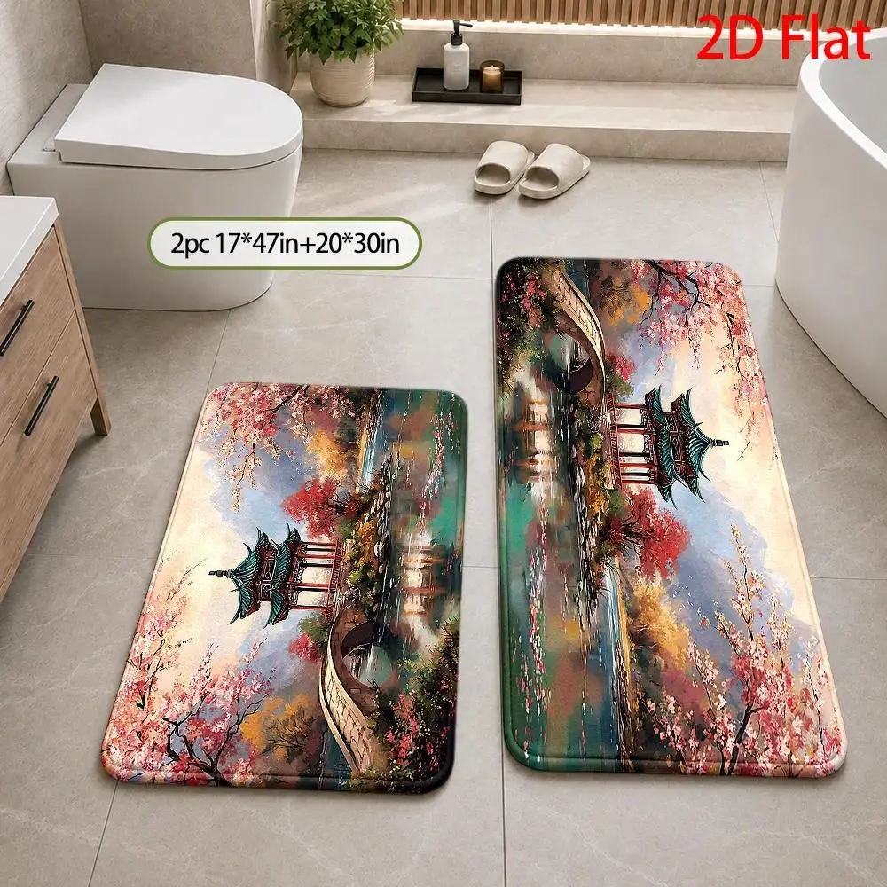 Oriental Chinese Style Bath Mat Door Mat Spring Landscape Pagoda Floral Waterproof Decorative Floor Rug for Bathroom Entryway