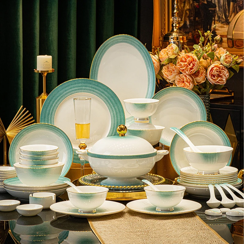 chinese plates dinner sets light luxury bone china ceramic tableware dinner breakfast set ceramic aparelho de jantar Bowl set