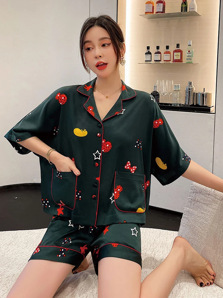 

2024 New Style Pajamas Women's Summer Ice Silk Cartoon Printed Lapel Suit Tiktok Net Red Thin Household Clothes