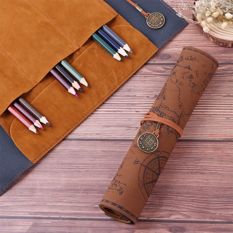 Retro Treasure Map Roll Pencil Case PU Leather Pencil Bag Large Cpacity Makeup Brush Holder Storage Pouch School Office Supplies