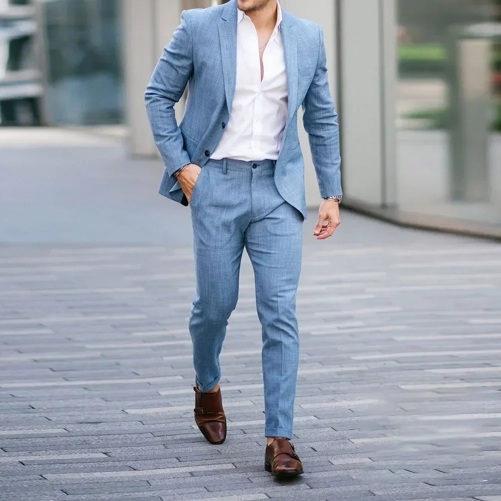 Setelan Pria Linen biru, Blazer Slim Fit kualitas tinggi elegan, bisnis Hombre musim panas pintar kasual 2 potong