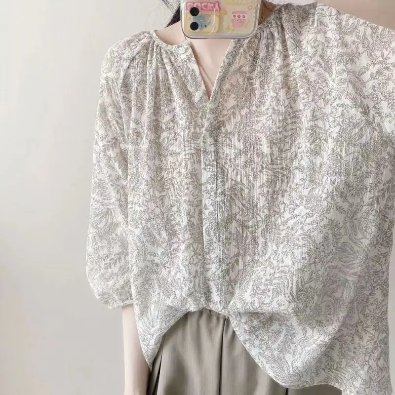 2024 Summer Women Vintage Print Thin Shirts Simple Casual O Neck Three Quarter Sleeve Blouses Female Cotton Loose All Match Tops