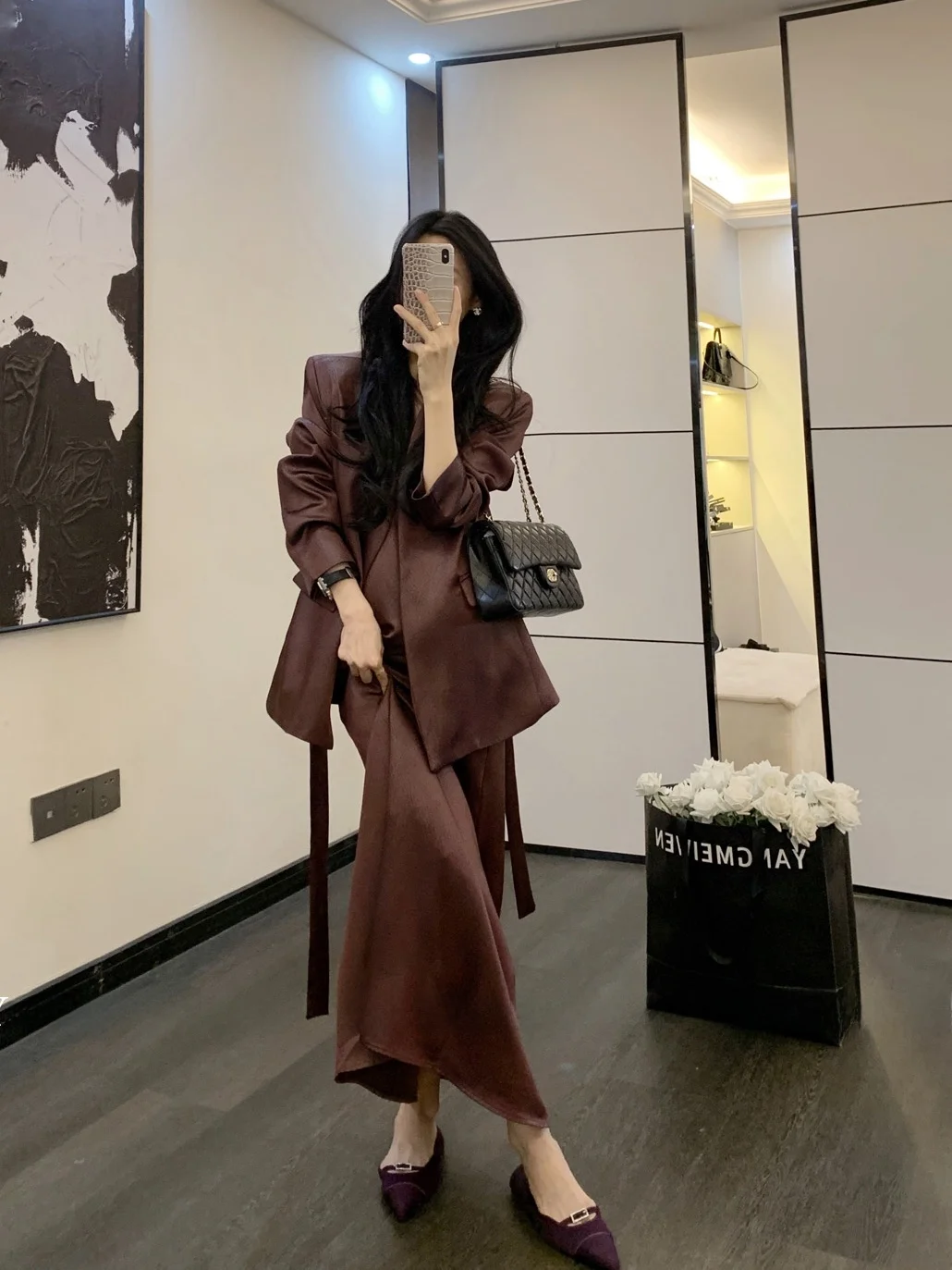 

Yangmeiweng Small Fraance Sle Ele, длинная блузка и юбка, комплект из двух предметов, модная рабочая одежда для женщин больших размеров