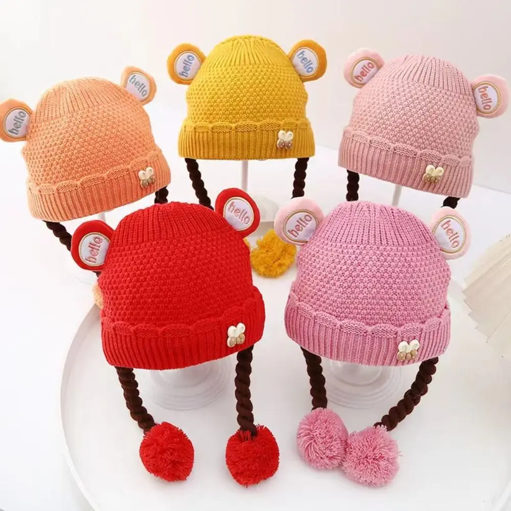 

Cute Warm Knitted Hat Thickned Cold Proof Wig Braids Cap Windproof Earflap Hats for Baby