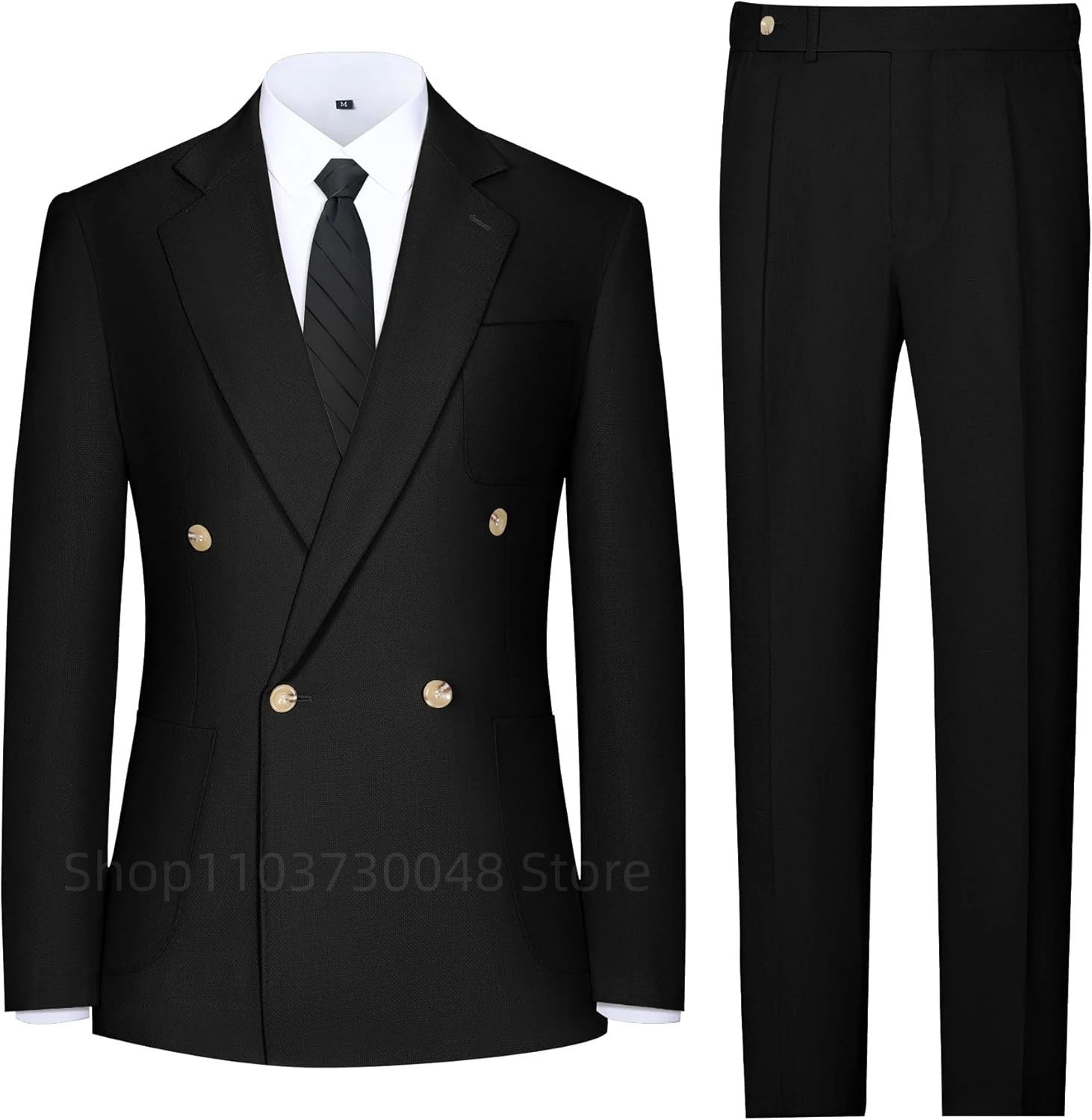 

Мужской черный деловой костюм-двойка: пиджак с отложным воротником и двубортной застежкой, брюки. Идеально для свадьбы и смарт-кэжуал образов.