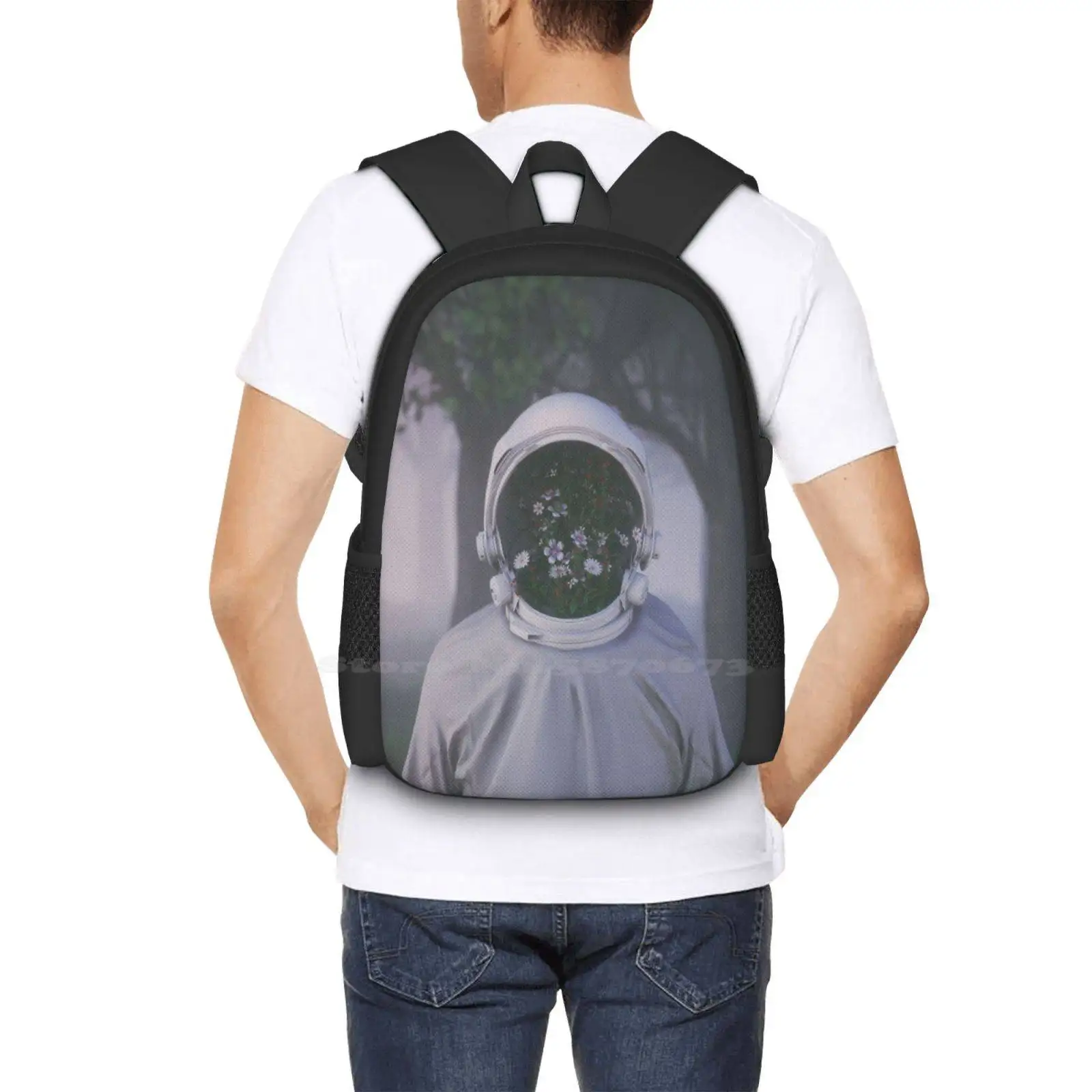 Face Reveal-mochila de moda 3D, bolso abstracto, astronauta, bosque, árboles, flores, niebla, niebla, Spaceman