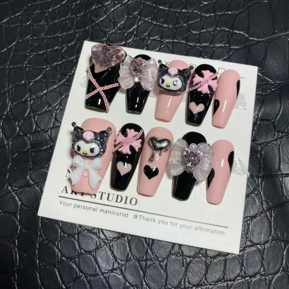 Sanrio Kuromi-manicura Kawaii para chica, accesorio de uñas a presión, desmontable, regalo de festivales, 10 piezas