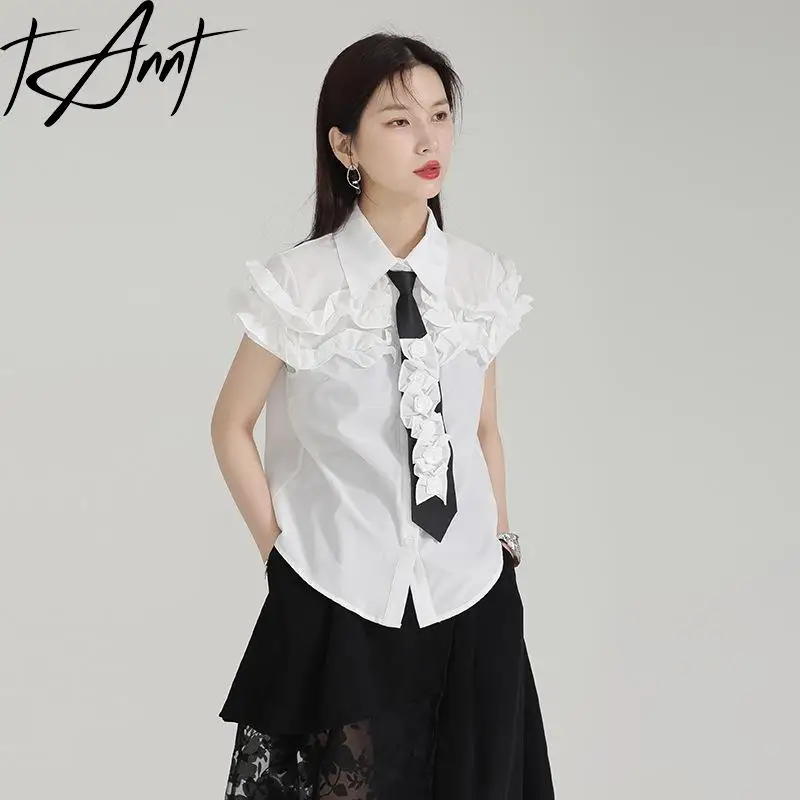 Tannt Women Shirt Edible Tree Fungus Patchwork Short Sleeves Cotton Shirts Blouses Black White Blue Fashion Short Blouses Tops