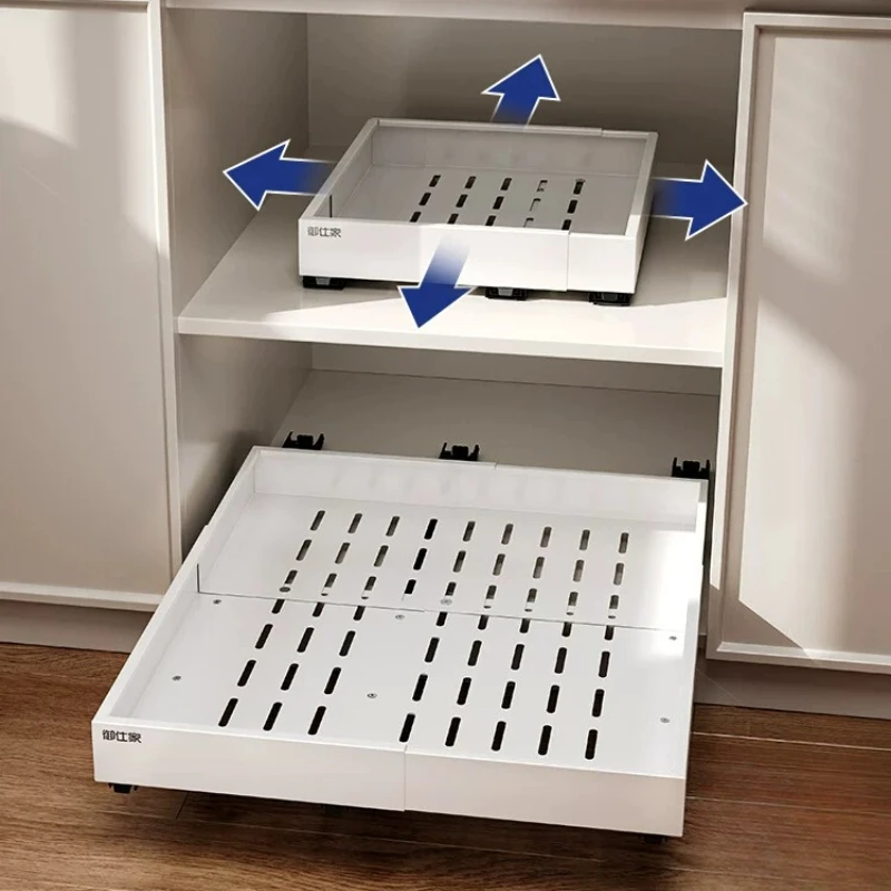 

ThreeSectionSilentBuff'dSlideRail,ThickenedHeavyLoadPullOutTray,4WayExpandablePotStorageBasket,KitchenDeepCabinetDrawerOrganizer
