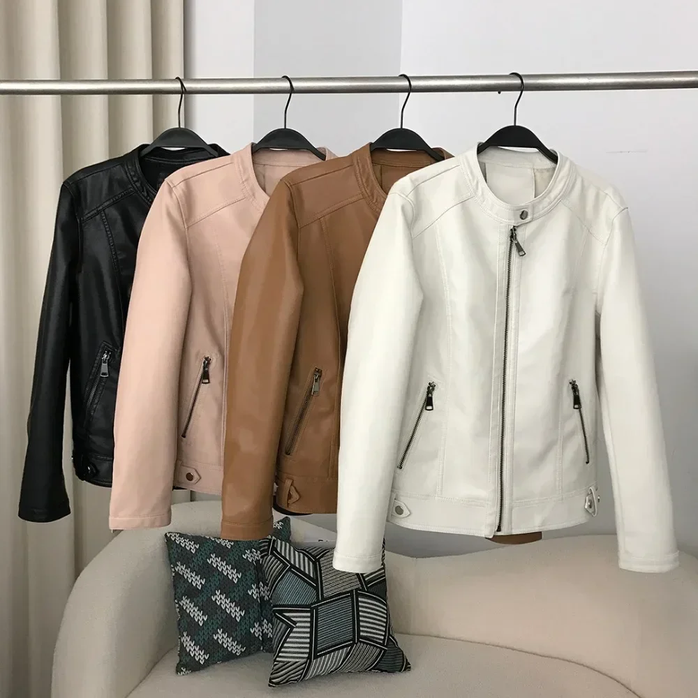 

PU Leather Jacket Fashion Style New Faux Leather Jacket Casual Zipper Women Versatile Trendy Motorcycle Round Neck Spring Autumn
