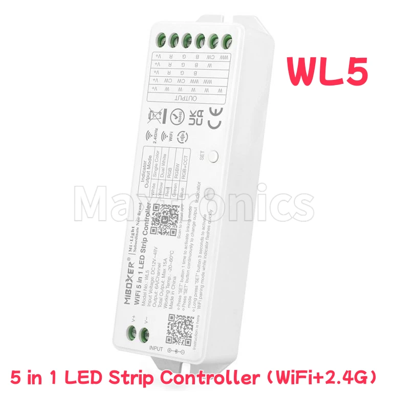 5 في 1 Miboxer وحدة تحكم شريط LED ذكية مقاومة للماء IP67 WL5-WP/غير مقاومة للماء WL5 (WiFi + 2.4G) وحدة تحكم LED تيار مستمر 12 فولت - 24 فولت B8