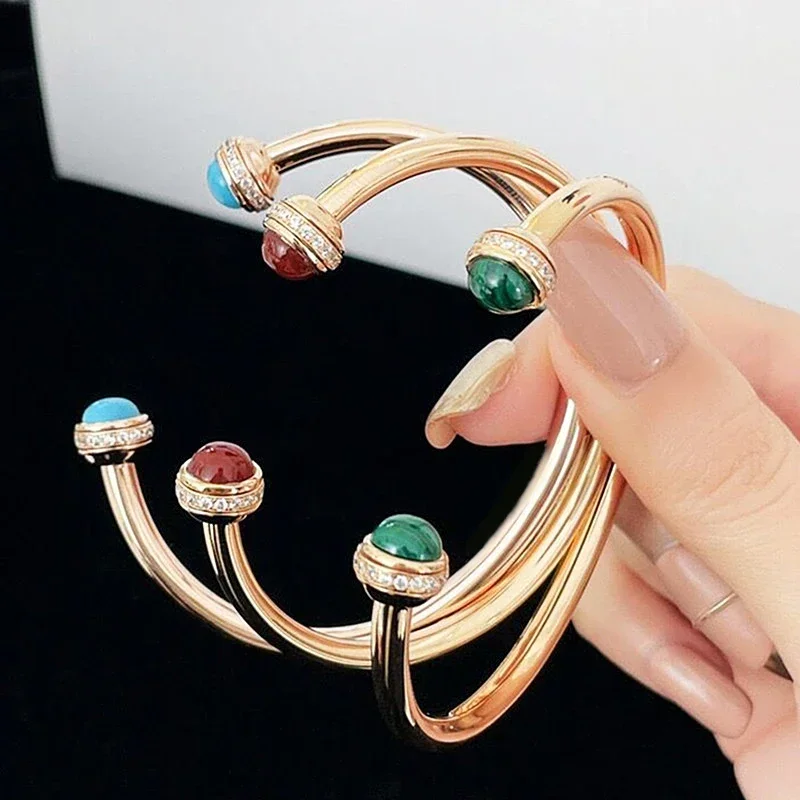 

SFE 925 Sterling Silver High Quality Red Agate Turquoise Malachite Open Bracelet Feminine Luxury Jewelry Gift For Friends