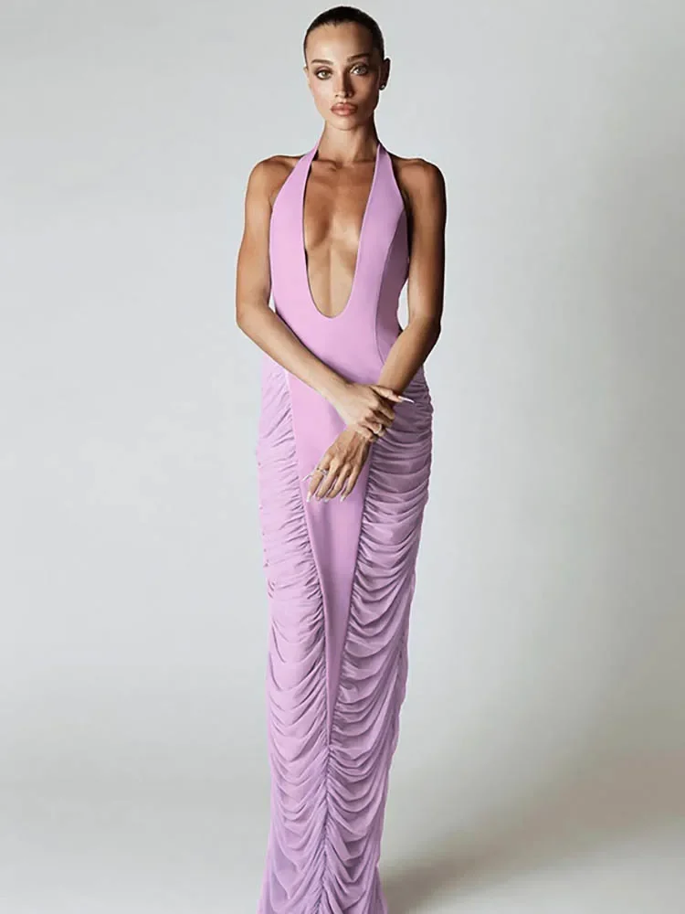

Halter Deep V Neck Sexy Maxi Dress Women Gown Purple Fashion Patchwork Mesh High Waist Ruched Club Long Dress Female