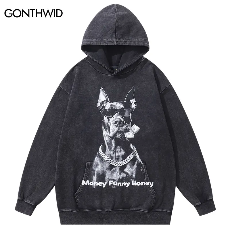 

Vintage Oversized Hoodie Funny Doberman Money Dog Graphic Printed Washed Hooded Sweatshirt Streetwear Men Hip Hop Baggy Hoodies