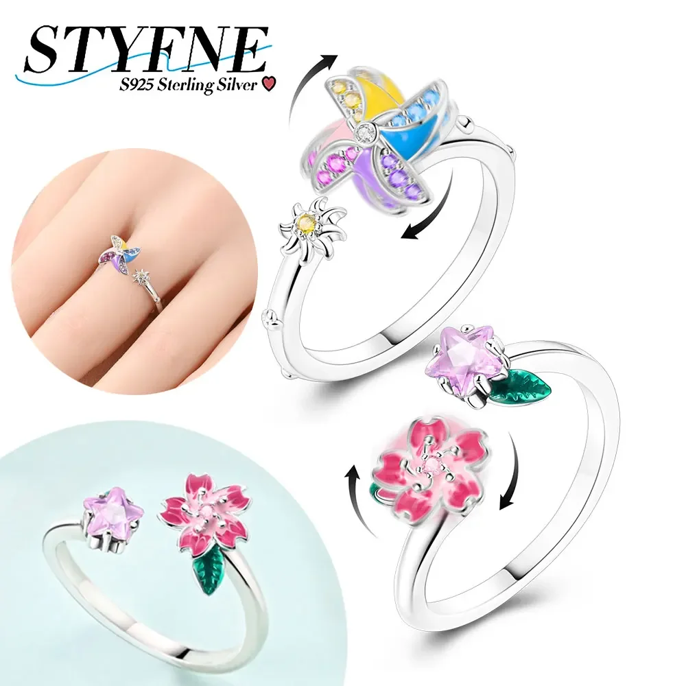 925 Sterling Silver Rotatable Pinwheel Cherry Blossom Original Open Ring for Women's High-end Fine Jewelry Valentine's Day Gift