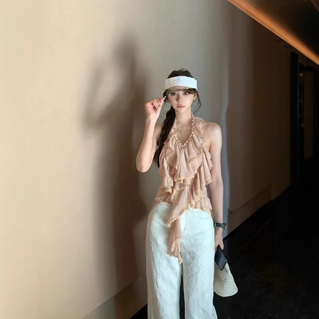 

Женская модная одежда для взрослых по индивидуальному заказу, шифон с посыпкой и золотой пудрой, рюшами по краям, висящий жилет на шею, топ, ниша, дизайн, смысл