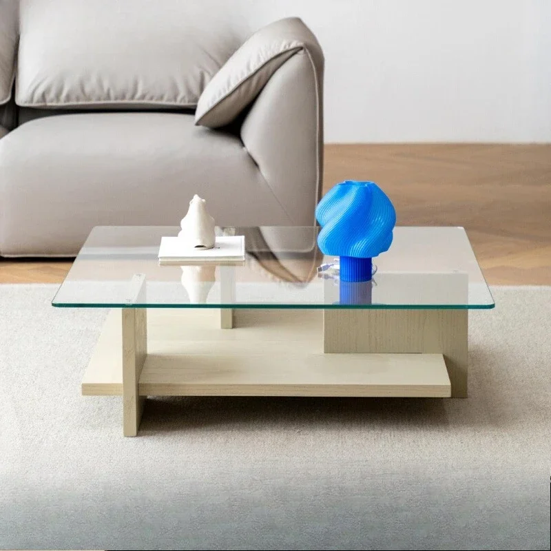 

Glass coffee table off-white designer creative transparent desktop minimalist splicing square coffee table