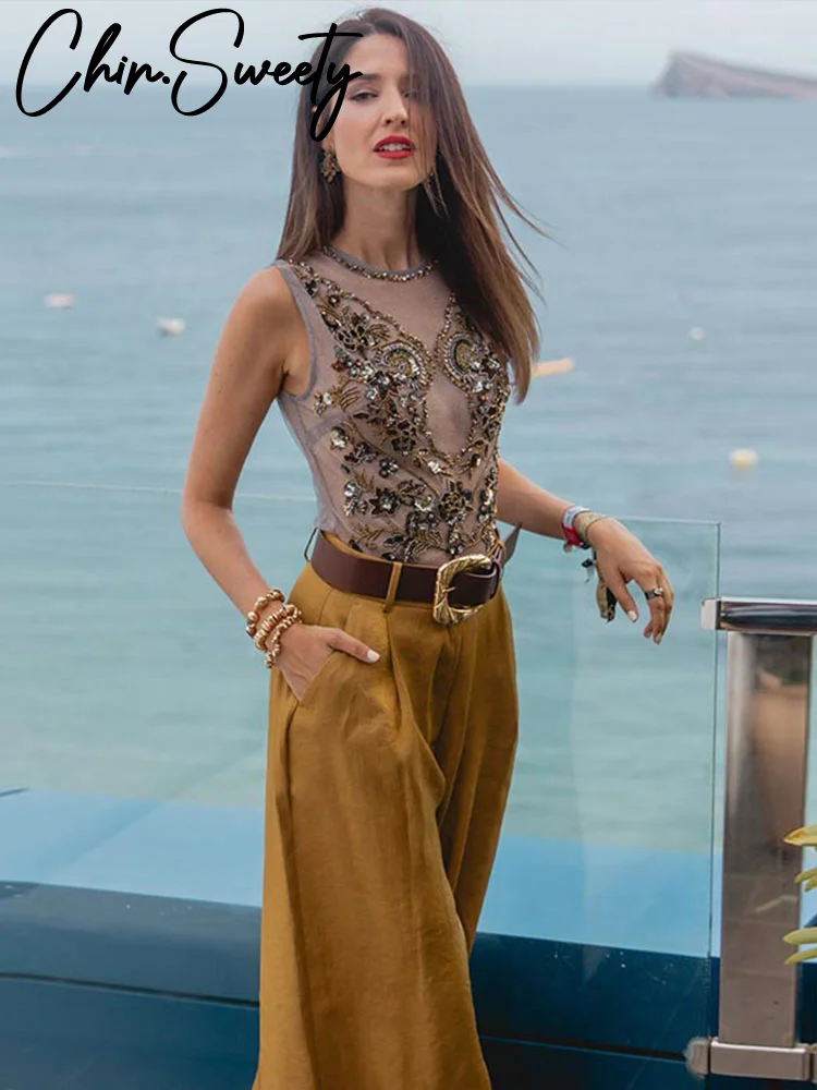 بدلة قفز نسائية مثيرة مطرزة بالخرز حضرية برقبة دائرية بدون أكمام بدلة قفز نسائية موضة صيف 2025 ملابس خروج للسيدات #4