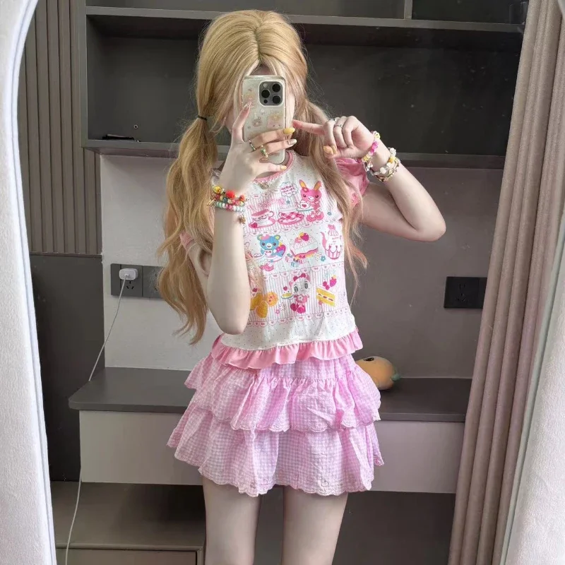 IMU Sweet Lolita Style 2 Piece Set Women Kawaii Bunny Bear Print Crop Tops Pink Plaid Y2k Mini Skirt Female Korean Fashion Cute