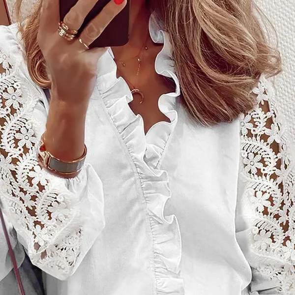 

2025 Spring and Summer New White Lace Long-Sleeve Shirt, Fashion Solid Color Shirt