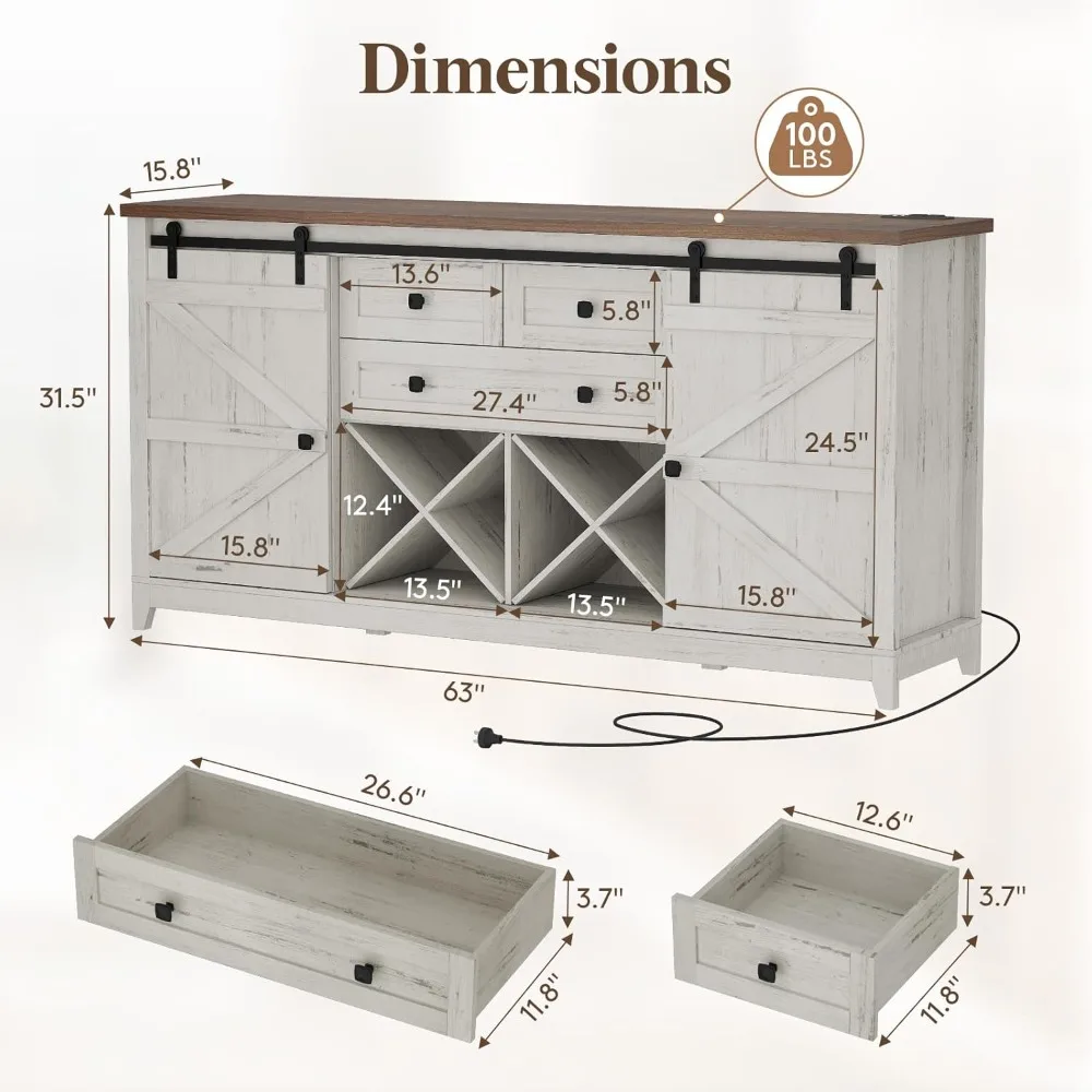 Farmhouse Sideboard with Sliding Bar Door and 2 Power Outlets/2 USB Ports, Buffet Cabinet, Wine Racks, 3 Extra Drawers