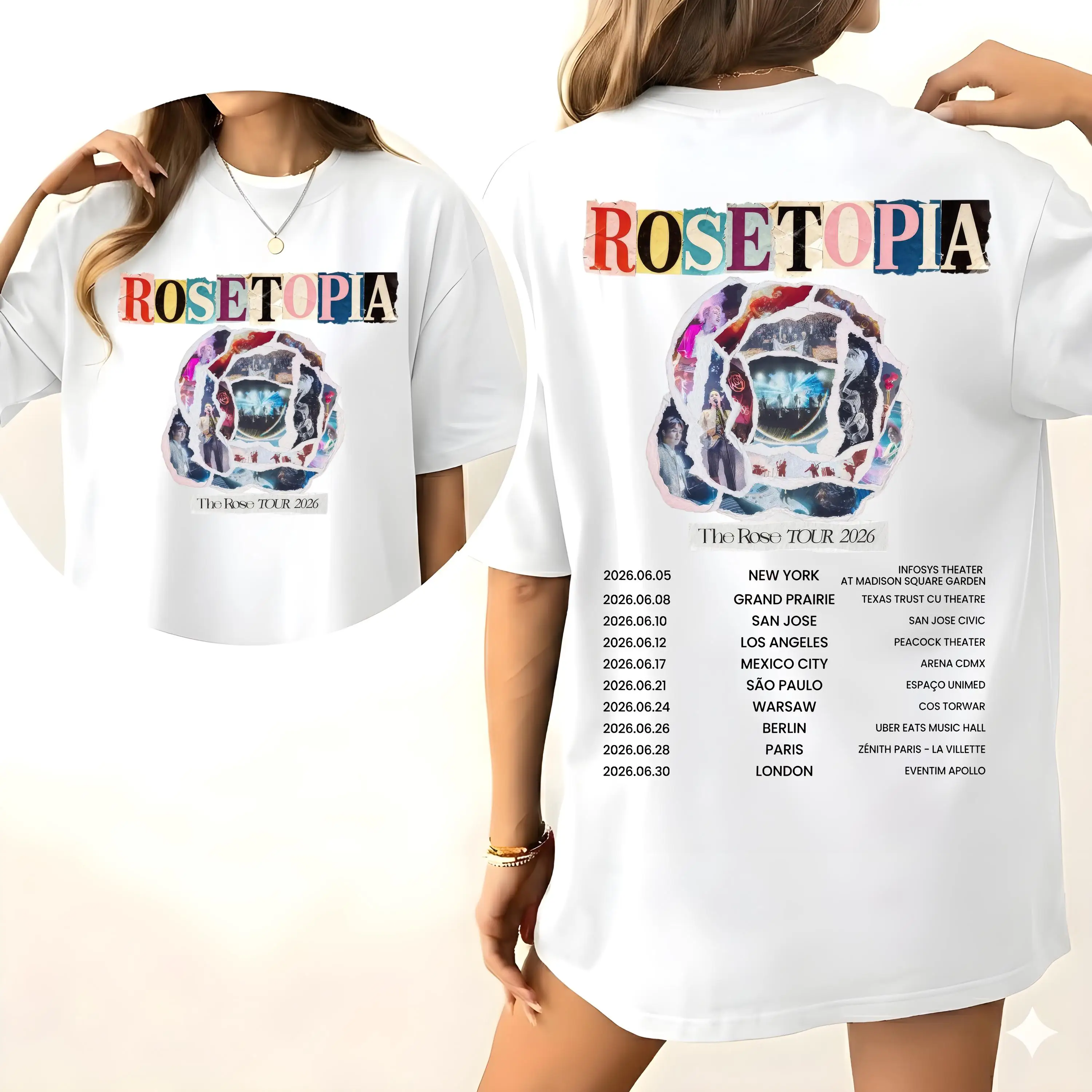 The Rose ROSETOPIA Tour 2026 Graphic T Shirt Vintage Torn Paper Rose Collage Oversized Cotton Unisex Short Sleeve KRock Fan Gift