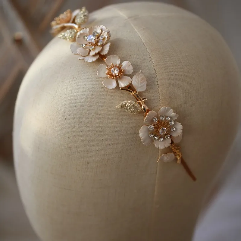 Delicate Gold Color Floral Women Crown Wedding Hair Tiara Crystal Bridal Headpiece Handmade Vintage Hairband