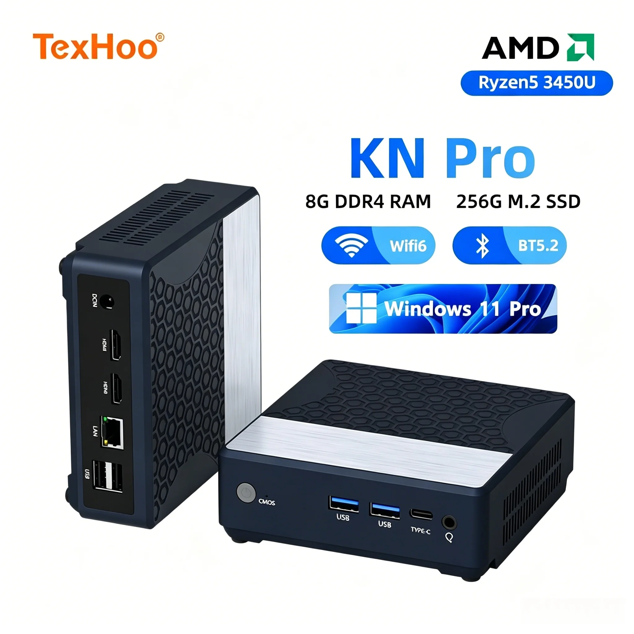 TexHoo MINI PC AMD Ryzen5 3450U 16G DDR4 2400Mhz 256G/512G SSD Computadores de Escritório Mini Desktop WIFI5 BT4.2 Duplo Display 4k Triplo