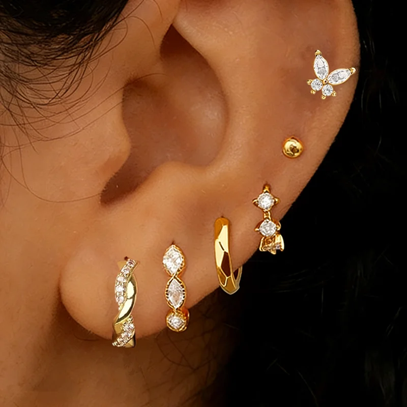 6-teiliges glänzendes Kristall-Huggie-Ohrring-Set für Damen, Tragus-Helix-Schmuck, Schmetterlings-Knorpel-Ohrstecker, Großpackung für Ohrläppchen-Piercings