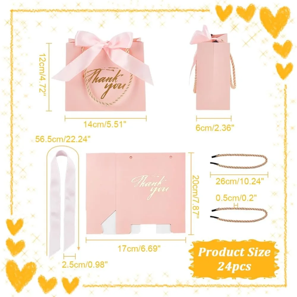 24 قطعة أكياس هدايا شكرًا لك أكياس هدايا ورقية وردية أكياس هدايا للحفلات بختم ساخن مع شريط للأعمال والتسوق وحفلات الزفاف وأعياد الميلاد