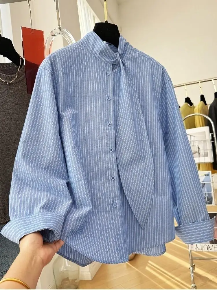 

Модные женские рубашки SuperAen с бантом и воротником-стойкой, в полоску, с длинными рукавами, весна 2026, новинка, оверсайз, повседневные