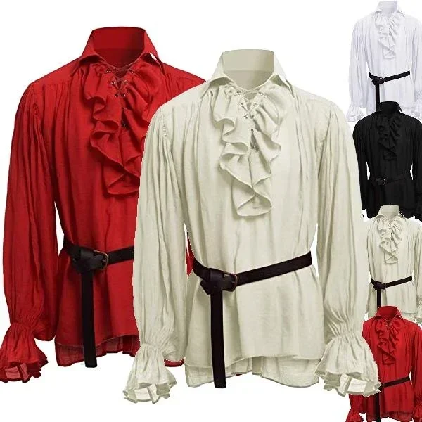 

2024 NEW Medieval Renaissance Lacing Up Shirt Bandage Tops Ruffles Shirt Fashion Men Vintage Costume Fluffy Long Sleeve Male