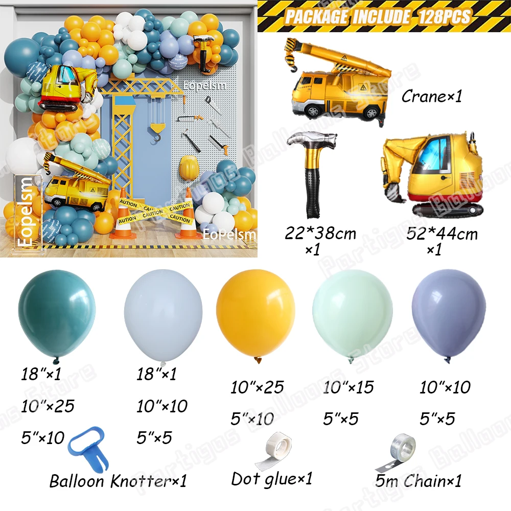 115/128Pcs Inflatable Excavator Balloons Arch Garlan Kit Crane Forklift Tractor Construction Birthday Party Decor Baby Shower