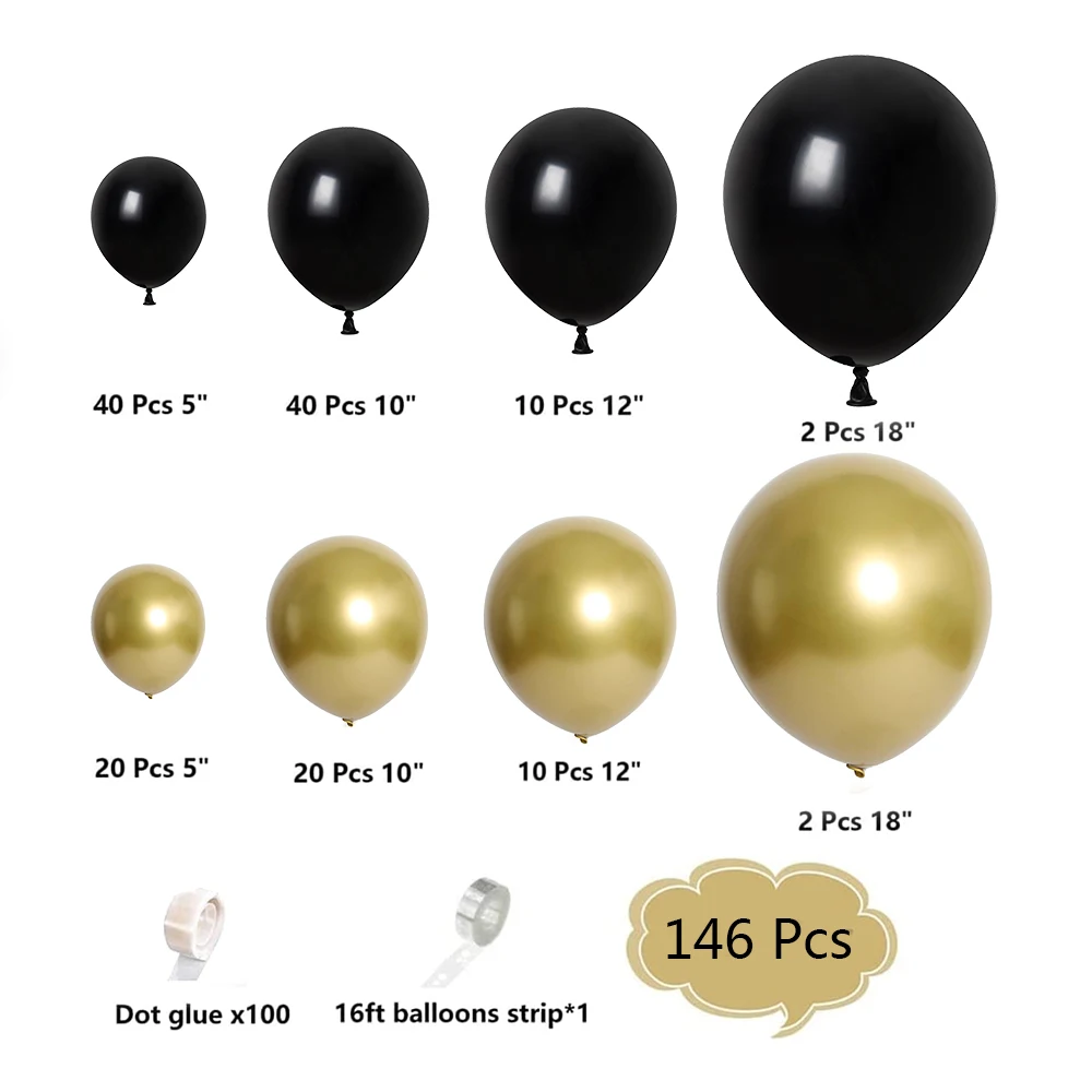 146pcs Black Gold Balloon Garland Arch Kit Chrome Latex Balloon 30th 40th 50th Birthday Party Balloons Decorations Supplies