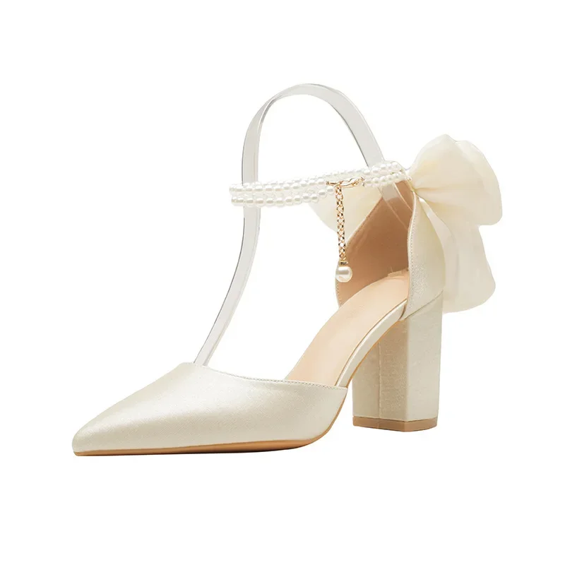 

Bow High Heels Women Pointed Hole Shoes Beige Wedding Shoes All-match Bridal Shoes