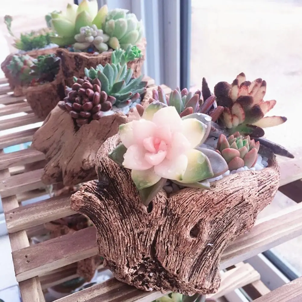 Tree Stump Design Planter Rustic Cement Tree Stump Flowerpot for Succulents Cactus Small Decorative Planter for Windowsill Shelf