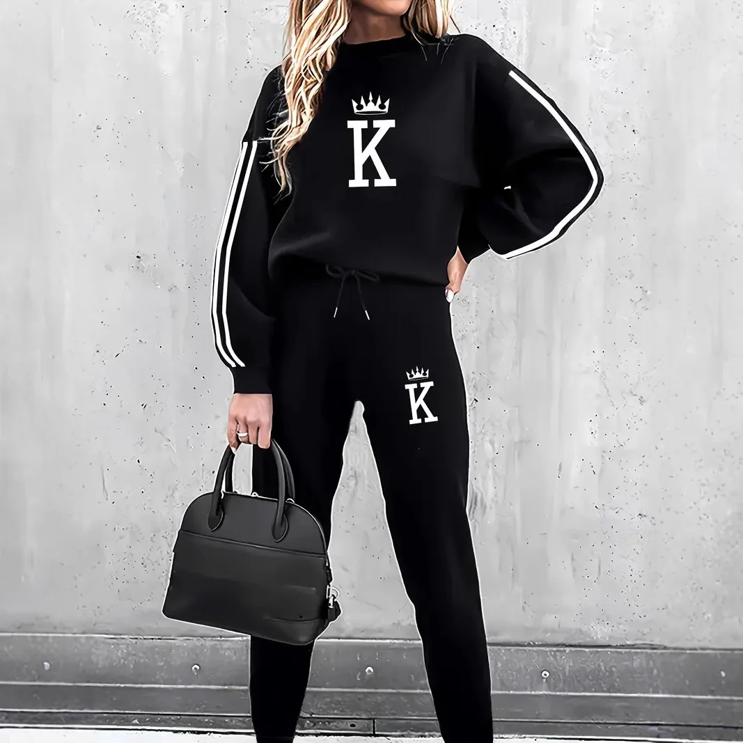 

2025 autumn and winter sweater women's long-sleeved loose round neck versatile sports and leisure velvet two-piece printing