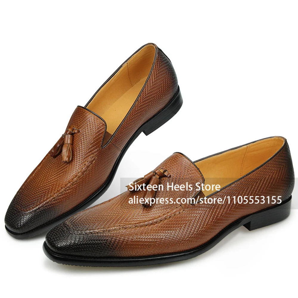 Textured Pointed Toe Tassel Loafers Burnished Black Toe Slip on Business Casual Leather Shoes Almond Pointed Toe Wedding Shoes