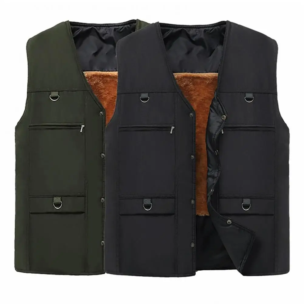 Men Vest Shrink-resistant Men Vest Mid-aged Father Fishing Waistcoat Thick Plush V Neck Vest with Multi Pockets for Men's Winter