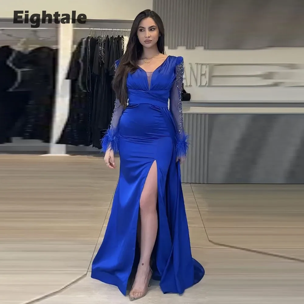 Eightale Luxury Evening Dresses Wedding Party Satin V-Neck Beaded Royal Blue Mermaid Long Sleeves Prom Party Gowns with Feather