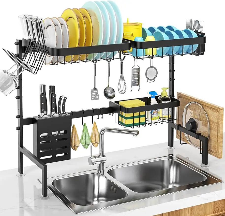 

Large Over The Sink Dish Drying Rack (33.4"-41.3") 2 Tier Length Adjustable Dish Drainer for Kitchen Sink Auto Drainage